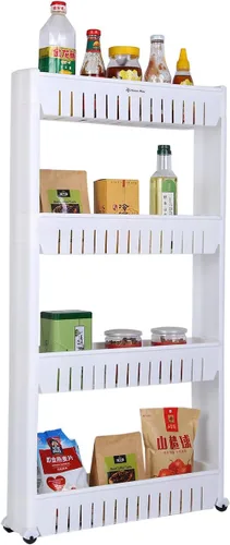 Vista 7 de Estante organizador móvil para lavandería con 5 grandes cestas de almacenamiento, diseño delgado ideal para espacios estrechos, PP, 3 niveles.