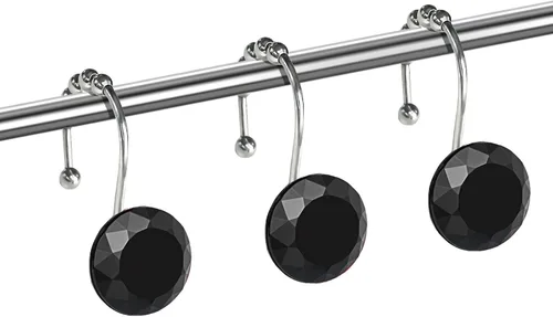 Vista 3 de Ganchos de cortina de ducha de cristal negro con diamantes para baño, 12 unidades, anillos de acero inoxidable plateados a prueba de óxido, colgador