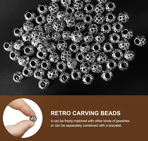 Vista 5 de 40 piezas de cuentas espaciadoras de tubo metálico para fabricación de joyería, cuentas de paracord de agujero grande plateadas, cuentas