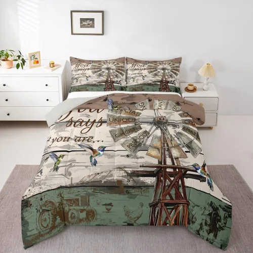 Vista 13 de Erosebridal Juego de edredón rústico de colibrí, juego de ropa de cama de molino de viento rústico para niños, adolescentes y adultos, relleno