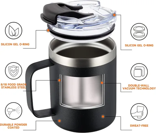 Vista 2 de Taza de café aislada de 12 onzas con asa, taza de café de viaje de acero inoxidable con tapa abatible, vaso de café de doble pared con aislamiento