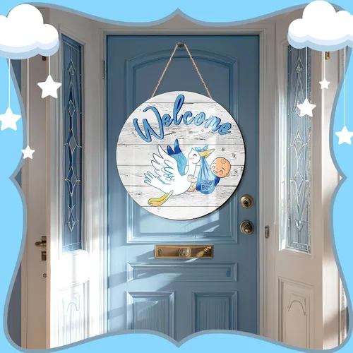 Vista 5 de Letrero de bienvenida para bebé, decoración redonda de madera Placa colgante rústica, colgador de cuerda de yute, recuerdo de fiesta de ducha