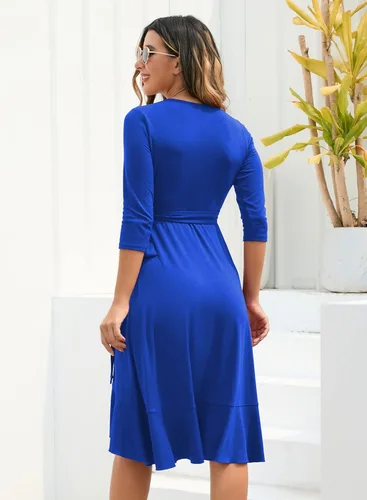 Vista 3 de IHOT Vestido de trabajo para mujer con cuello en V profundo manga 34 fruncido y fruncido con volantes casual cóctel fiesta