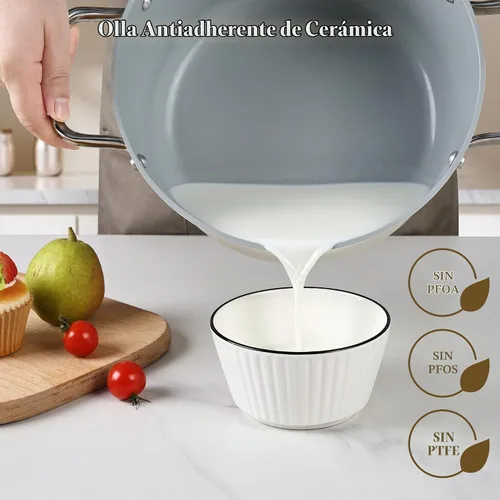 Vista 6 de Olla de stock de cerámica de 5 cuartos antiadherente con tapa, olla para sopa, olla de pasta antiadherente fácil de limpiar, sin PFOA, PFAS, PTFE