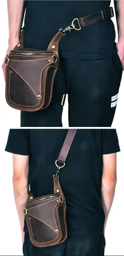 Vista 3 de Le'aokuu - Bolso de pierna para moto, de cuero genuino, para hombre, bolso tipo mensajero a la cintura), B9326