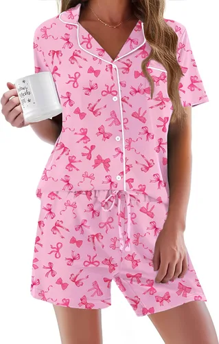 Vista 41 de Ekouaer - Conjunto de pijamas de manga corta para mujer, con botones, suave, 2 piezas, conjuntos de descanso, tallas XS-XXXL Verde Aqua