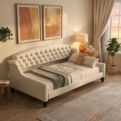Vista 4 de Cama individual de tamaño doble, cama individual de lujo con botones capitoné, estructura de cama individual de tamaño doble tapizada, sofá cama