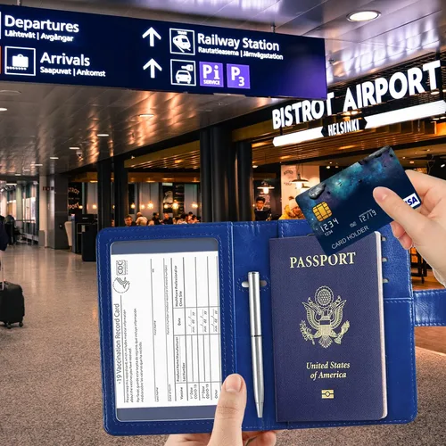 Vista 2 de RSAquar Combo de portatarjetas de pasaporte y vacunación, funda para pasaporte, funda de cuero para tarjetas, accesorios de viaje con bloqueo RFID