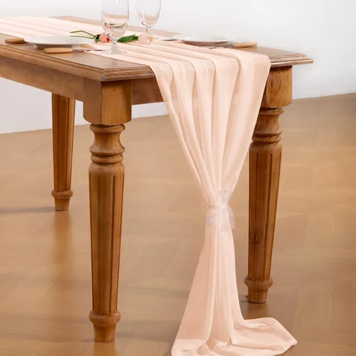 Vista 5 de Socomi Camino de mesa de gasa beige para verano, bohemio, rústico, de 10 pies, 29 x 120 pulgadas, decoración de camino de mesa de boda, decoración