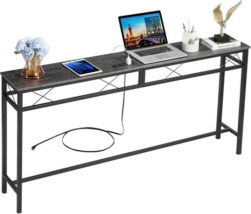 Vista 8 de VECELO Mesa consola angosta extra larga de 55 pulgadas con estación de carga, toma de corriente y puertos USB, para entrada, sala de estar, oficina