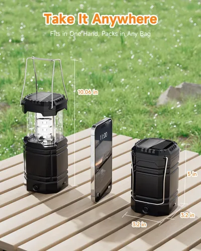 Vista 7 de Paquete de 4 faroles solares para campamento, linterna LED recargable con linterna, USB-C y funciona con energía solar, luces de emergencia