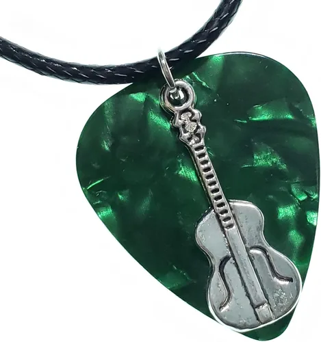 Vista 7 de Collar de púa de guitarra con dije de guitarra y cadena de cordón de cuero vegano