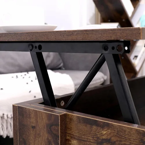Vista 5 de Mesa auxiliar elevable con compartimento oculto y estante de almacenamiento, mesa elevada para sala de estar y sala de recepción (marrón rústico)