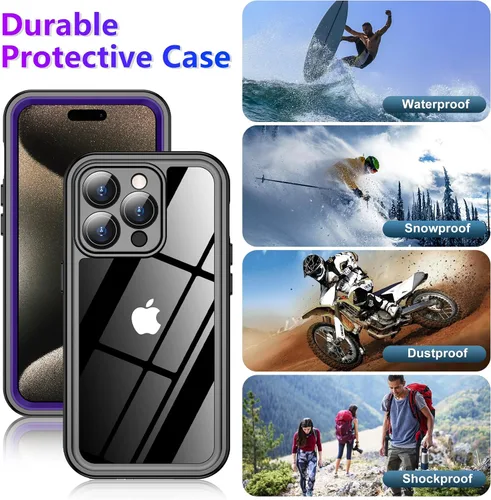 Vista 6 de Funda impermeable para iPhone 15 Pro Max 2025, protector de pantalla integrado y protector de cámara de vidrio, a prueba de golpes, IP68 bajo