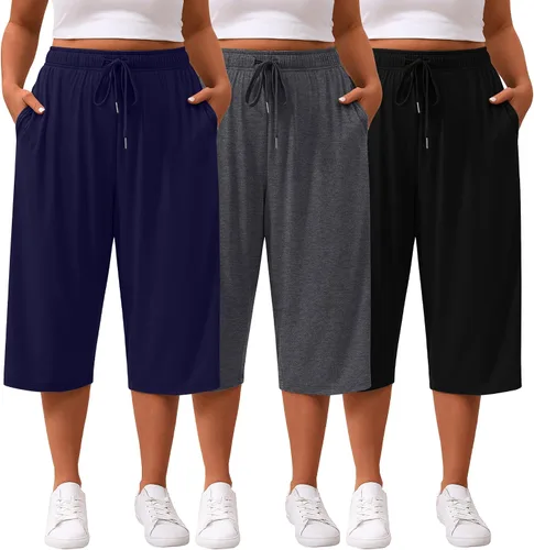 Vista 10 de Paquete de 3 pantalones capri de talla grande para mujer, ajuste holgado, pierna ancha, pantalones recortados para yoga, descanso, entrenamiento