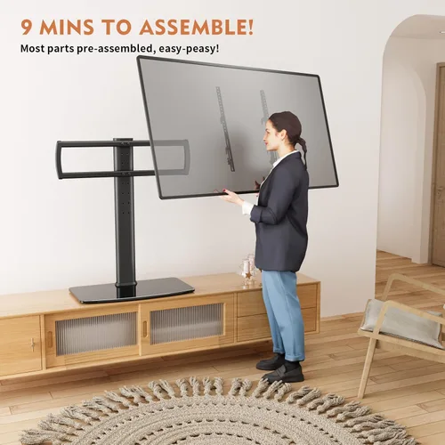Vista 3 de HT03B-003 - Soporte universal para TV con soporte de pared para 40 a 86 pulgadas, altura ajustable de 5 niveles, base de vidrio templado resistente