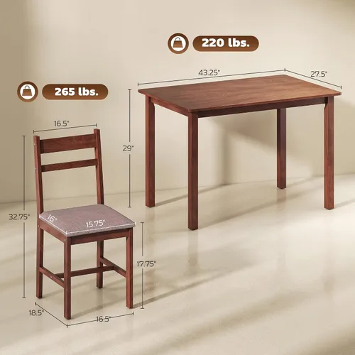 Vista 8 de HOMCOM Juego de mesa de comedor de madera maciza de 5 piezas para 4, mesa de cocina estilo granja con sillas tapizadas para espacios pequeños Marrón