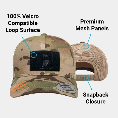 Vista 14 de Pull Patch Multicam - Gorra de camionero con diseño de camuflaje curvado, gorra táctica, superficie de bucle de 2 x 3 pulgadas para fijar parches