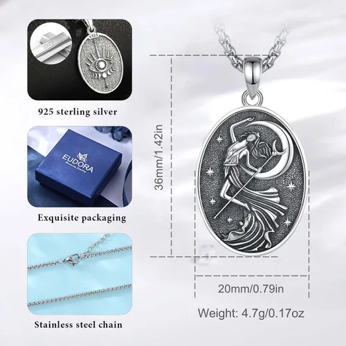 Vista 52 de EUDORA Collar de plata de ley 925 con moneda Hécate, Athena, Perséfono, Nyx, diosa de la luna triple, diosa celta, rueda de Hécate, llave, regalo