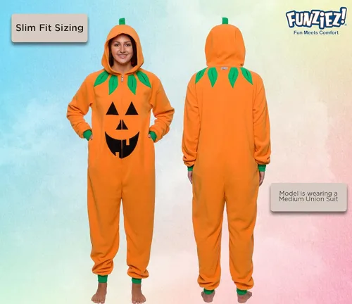 Vista 3 de Slim Pumpkin Adult Onesie - Jack O Lantern Halloween Costume - One Piece Cosplay Suit for Adults, Women and Men FUNZIEZ!