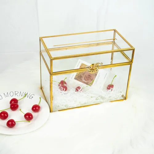 Vista 7 de YIMORENCE V Tarjetero de cristal dorado – Caja de sobres de boda con forma rectangular con ranura y pie, perfecto para recepción y centro de mesa