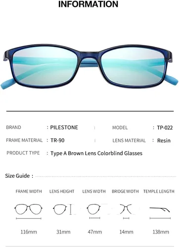 Vista 3 de Pilestone Lentes daltónicos TP-022 para niños de 10 años (recubiertos de titanio) anti-UV