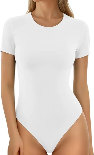 Vista 43 de MANGOPOP - Body de cuello redondo para mujer, manga corta y manga larga, camisetas ajustadas y básicas A1 Manga Corta Negro