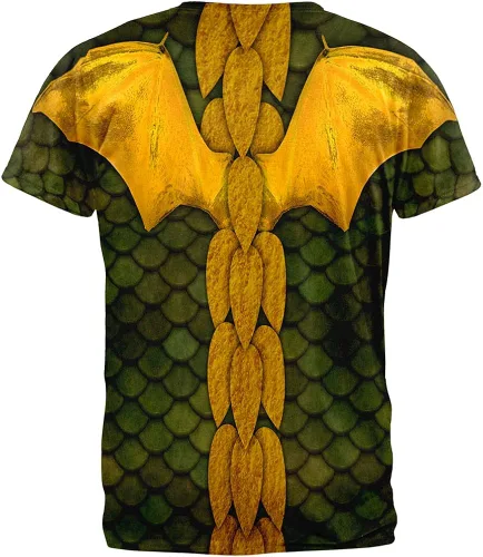 Vista 2 de playera de Halloween Disfraz de dragón verde All Over para adultos