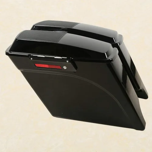 Vista 2 de Alforjas rígidas estiradas de 5 pulgadas con tapas de altavoz de 6 x 9 pulgadas+soportes de conversión cromados para Harley Davidson modelos Softail