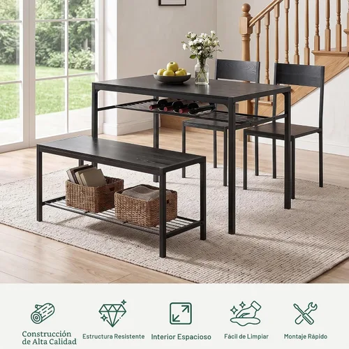 Vista 4 de VECELO Mesa de comedor de cocina con 2 sillas y banco, diseño compacto que ahorra espacio, marco de acero de fácil montaje, perfecta