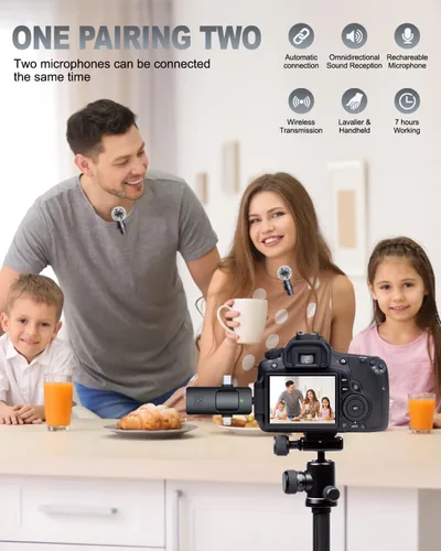 Vista 4 de PQRQP Micrófono Lavalier inalámbrico profesional 3 en 1 para iPhone/Android/cámara, micrófonos inalámbricos, mini micrófono, calidad de sonido