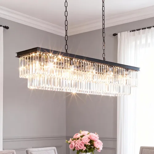 Vista 13 de Lámpara de Araña Moderna de Cristal K9, Luminaria Colgante de Techo Rectangular con 8 Luces para Comedor y Cocina, Acabado en Cromo, L33.5 Pulgadas