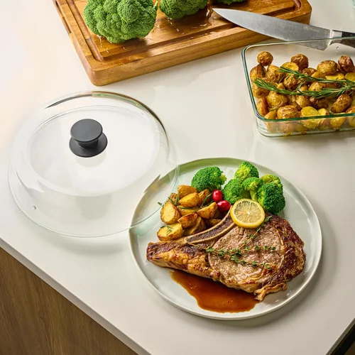 Vista 6 de Le'raze Cubierta de vidrio para salpicaduras de microondas de 10 pulgadas para alimentos, 100% libre de BPA y plomo de grado alimenticio, apta