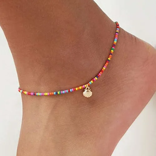 Vista 2 de Shegirl Tobillera bohemia con cuentas doradas, cadena de tobillo con cuentas coloridas para el pie, para mujeres y niñas, aleación