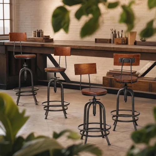 Vista 2 de Juego de 2 taburetes de bar industriales con respaldo de 26 a 32 pulgadas, altura de mostrador, taburete rústico ajustable para isla de cocina