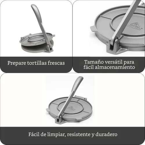 Vista 2 de IMUSA USA MEXI-86005 - Prensa de tortilla de aluminio fácil de usar de 6 pulgadas, plateado, gris Roti maker, ideal para panes planos caseros