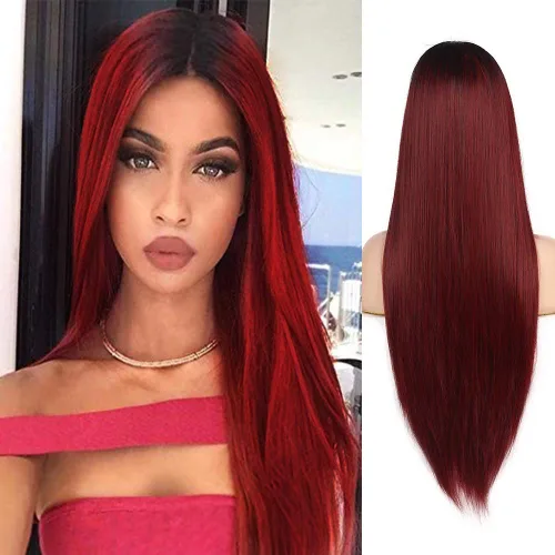 Vista 7 de Kaneles Peluca rizada de color rojo degradado, pelucas de cabello largo ondulado para mujer, pelucas de fibra sintética negra y roja para fiesta