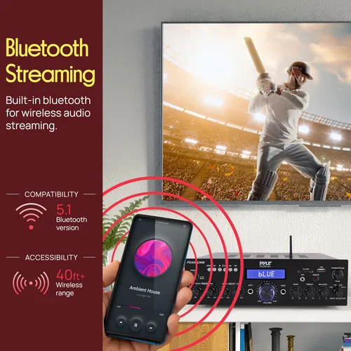 Vista 3 de Pyle Combo de micrófono inalámbrico/amplificador Bluetooth, potencia máxima de 200 W, receptor de audio estéreo de doble canal con USB - Reproductor
