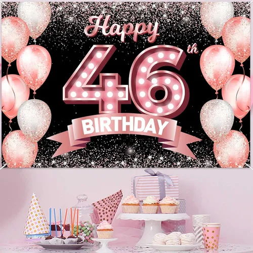 Vista 32 de Cartel de feliz cumpleaños décimo oro rosa, telón de fondo, saludos a 10 años, globos de confeti, decoración temática para niñas de 10 años