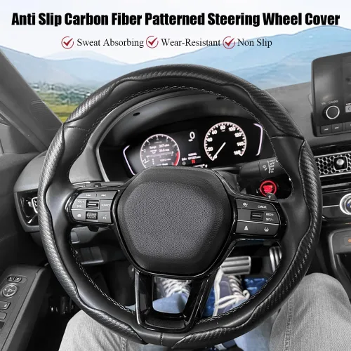 Vista 3 de Pincuttee Funda de Volante de Fibra de Carbono - Protector de Volante Universal Antideslizante de 3 Piezas, Negro Mate