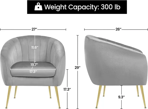Vista 2 de Yaheetech Silla de Tocador Moderna, Silla de Acento de Terciopelo Suave con Patas de Metal Dorado, Sillón Acolchado Chaise Longue para Sala de Gris