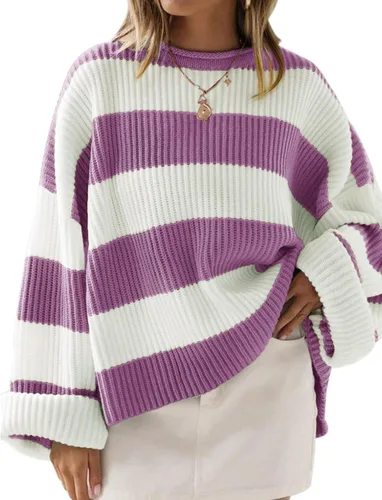 Vista 69 de ZESICA Suéter tejido sin botones de manga larga y cuello redondo, a rayas, bloques de color, cómodo, holgado, talla extragrande para mujer de 2024