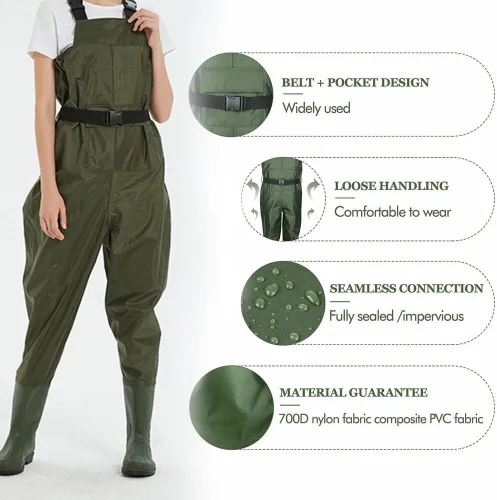 Vista 4 de Vadeadores de pecho con botas, de 2 capas de PVC/nailon, impermeables, para caza, pesca, camuflaje y pesca Verde militar