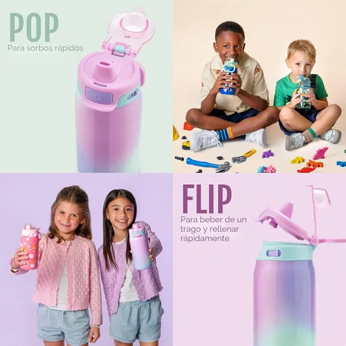 Vista 5 de Ello Pop & Fill Botella de agua de acero inoxidable para niños de 12 onzas con tapa de llenado rápido Botella libre de BPA con aislamiento al