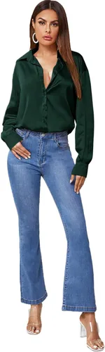 Vista 5 de MakeMeChic Blusa de manga larga de seda satinada para mujer, blusa casual con botones