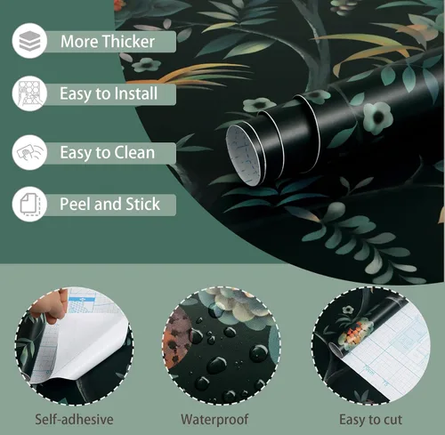 Vista 2 de Toduso Papel tapiz para despegar y pegar, papel tapiz floral vintage, papel de contacto con flores verdes, pájaros, árbol, papel de contacto