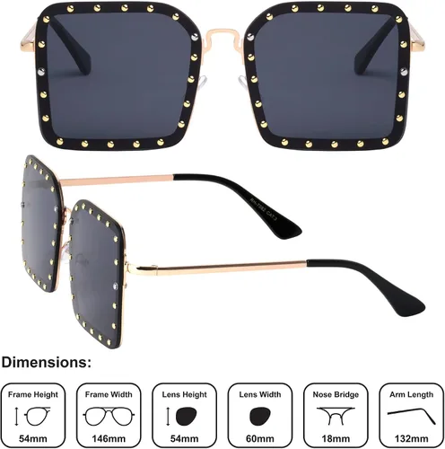 Vista 5 de Queens RH-7082 - Gafas de sol con tachuelas cuadradas grandes sin montura, L