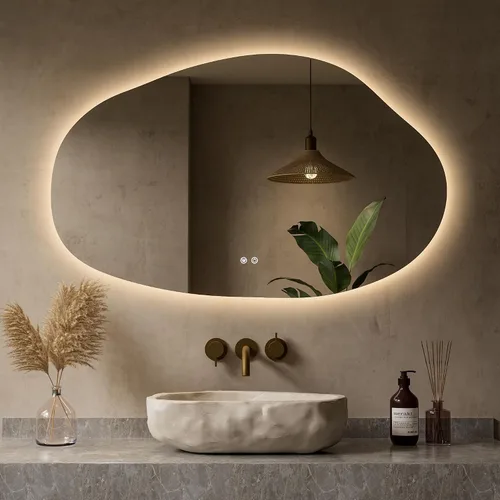 Vista 10 de Keonjinn Espejo de baño retroiluminado asimétrico de 22 x 30 pulgadas con luces, espejo LED irregular con vidrio templado HD, controlador LED