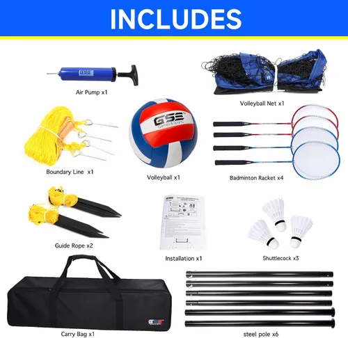 Vista 3 de GSE Games & Sports Expert Outdoor Badminton and Volleyball Combo Set, Yard Net Game Set with Ball, Pump, Boundary Line and Carry Bag for Backyard