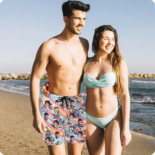 Vista 7 de Traje de baño personalizado para hombre, pantalones cortos de playa divertidos personalizados con caras en ellos, regalos de cumpleaños